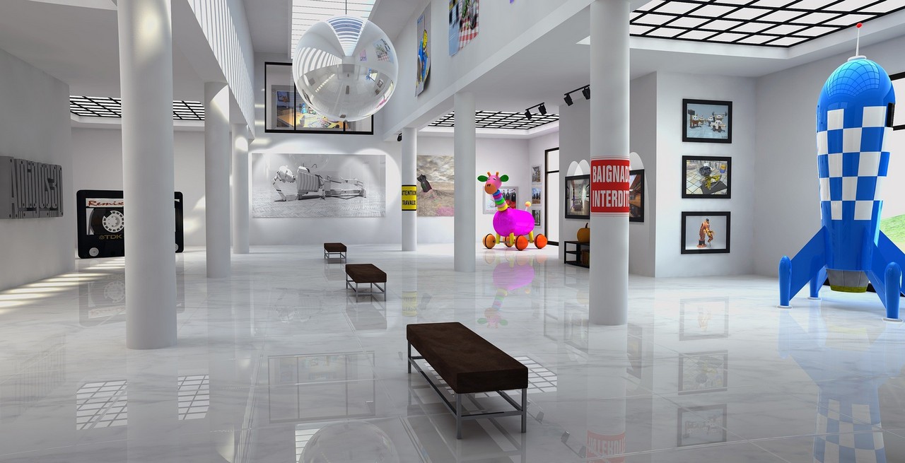 A large white room with random objects, like a blue spaceship and a pink toy-giraffe